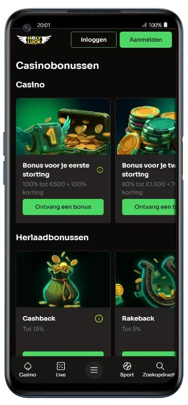 HolyLuck casino bonuspagina met eerste stortingsbonus 100% tot €500, tweede stortingsbonus 80% tot €1.500, cashback tot 15% en rakeback tot 5%