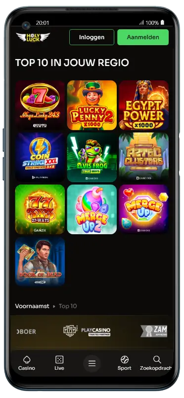 HolyLuck casino top 10 populairste spellen in jouw regio, waaronder Mega Lucky 243, Lucky Penny 2, Egypt Power en Aztec Clusters