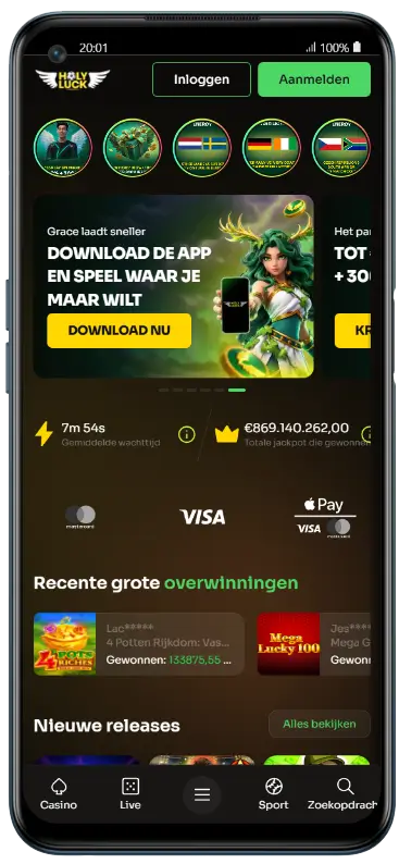 HolyLuck casino homepage met app-downloadbanner, recente grote overwinningen en totale jackpot van €869 miljoen